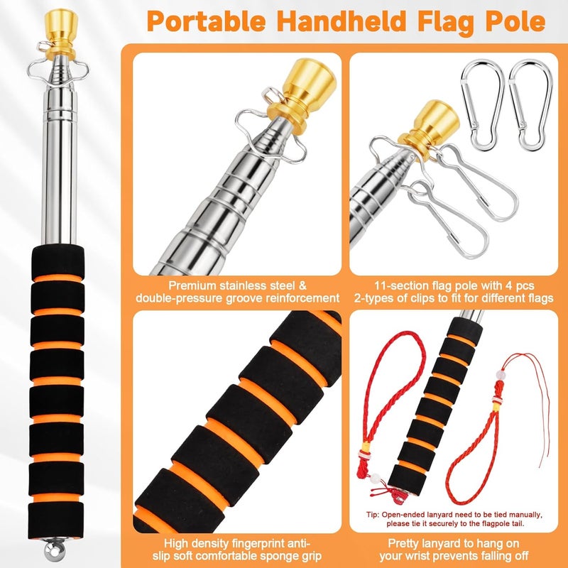 CATMOOW Portable Telescopic Handheld Flag Pole for Carrying, 6.56Ft/2M Stainless Steel Telescoping Hand Held Flag Pole to Carry, Extendable Tour Guide Flag Pole, Flagpoles with Clips for 3x5 Flag - Image 4